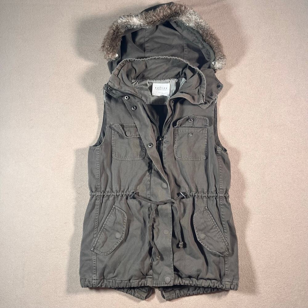 Y2K Style Army Green Cargo Vest Fur Hood Size XS 100% Cotton Utility Zip Up